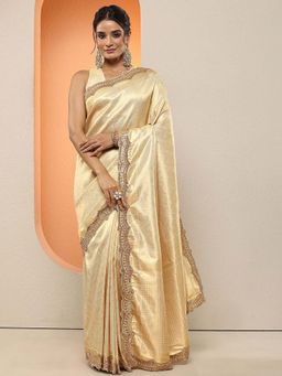 Libas - Gold Woven Design Silk Blend Saree with Unstitched Blouse