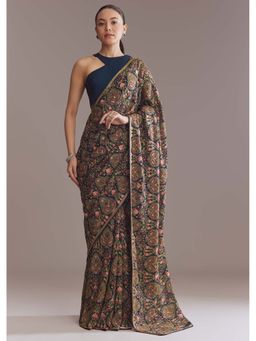 KALKI FASHION - Navy Blue Georgette Kashmiri Kashida Embroidered Saree with Unstitched Blouse