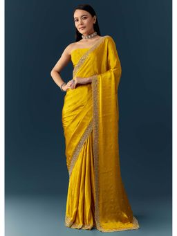 KALKI FASHION - Yellow Satin Embellished Saree with Unstitched Blouse