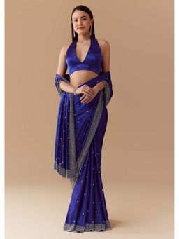 KALKI FASHION - Royal Blue Mirror Embellished Saree with Unstitched Blouse