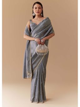 KALKI FASHION - Grey Tissue Cutdana Embellished Saree with Unstitched Blouse