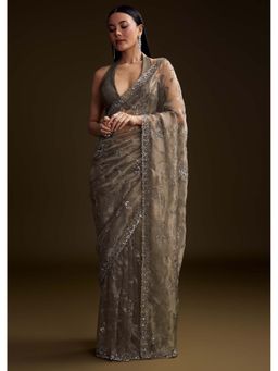 KALKI FASHION - Grey Tissue Floral Jaal And Sequin Saree with Unstitched Blouse