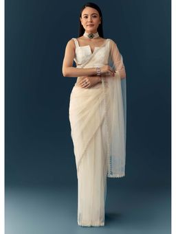 KALKI FASHION - Off White Net Cutwork Border Embellished Saree with Unstitched Blouse