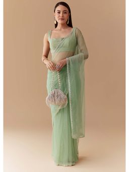 KALKI FASHION - Mint Green Cutwork Embellished Saree with Unstitched Blouse