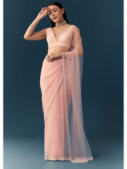 KALKI FASHION - Light Peach Net Zigzag Cutwork Embellished Saree with Unstitched Blouse