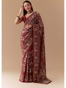 KALKI FASHION - Maroon Tissue Organza Resham Work Embroidered Saree with Unstitched Blouse