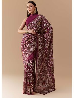 KALKI FASHION - Wine Tissue Organza Embroidered Saree with Unstitched Blouse