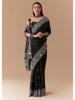 KALKI FASHION - Black Cotton Satin Embroidered Saree with Unstitched Blouse