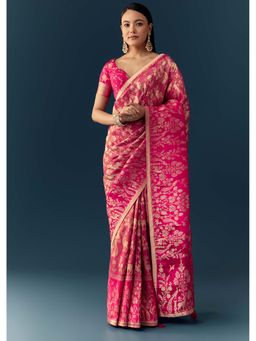 KALKI FASHION - Rani Pink Zari Weave Brocade Saree with Unstitched Blouse