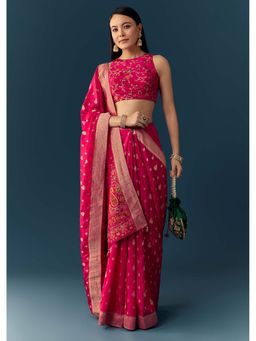 KALKI FASHION - Rani Pink Dola Silk Brocade Woven Saree with Unstitched Blouse