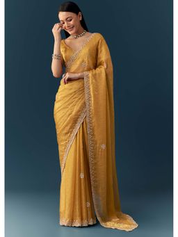 KALKI FASHION - Mustard Yellow Jacquard Tissue Embellished Saree with Unstitched Blouse