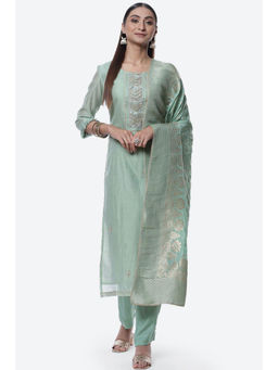 Biba - Green Cotton Silk Chanderi Unstitched Suit (Set of 3)
