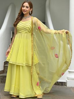 Lavanya The Label - Yellow Hand Paint Palazzo (Set of 3)