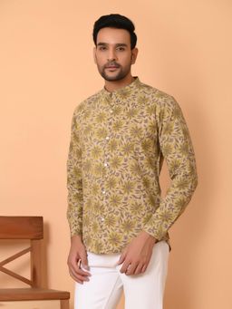 GOODHAND - Beige Block Printed Cotton Men Short Kurta