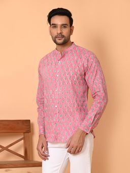 GOODHAND - Pink Block Printed Cotton Men Short Kurta