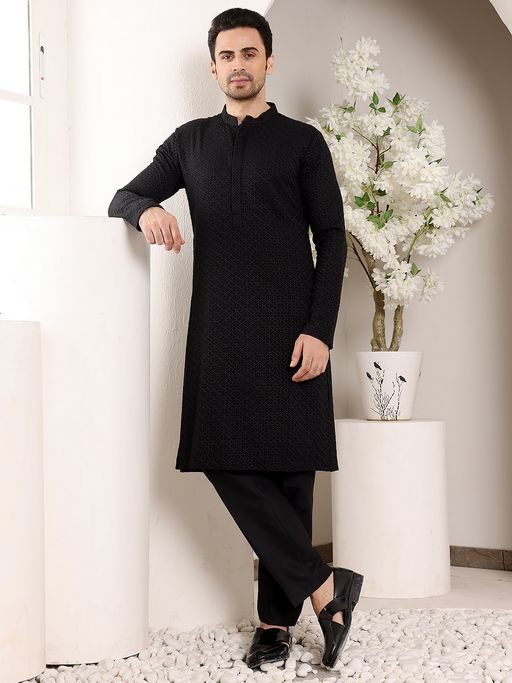 MULTI SHADES Men s Black Rayon Silk Straight Kurta