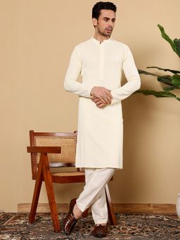 MULTI SHADES - Men Rayon Silk Straight Classic Off White Chikankari Kurta