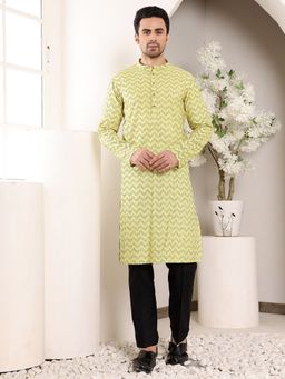 MULTI SHADES - Men Elegant Yellow Straight Cotton Kurta with Embroidery