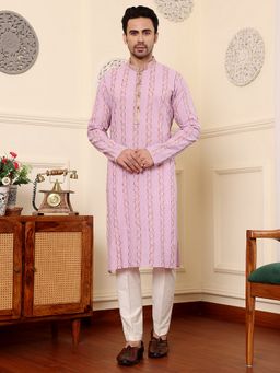 MULTI SHADES - Men Elegant Pink Embroidery Straight Cotton kurta