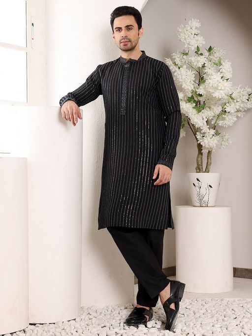 MULTI SHADES Men Black Straight Viscose Silk with Embroidered Neckline and Motifs Kurta