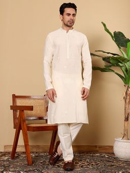 MULTI SHADES - Men Cream Straight Viscose Silk Kurta with Embroidered Neckline and Motifs