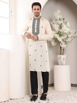 MULTI SHADES - Men Off White Straight Viscose Silk with Embroidered Neckline and Motifs Kurta