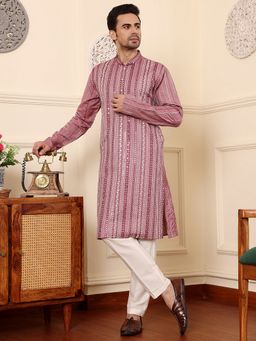 MULTI SHADES - Men Pink Straight Viscose Silk with Embroidered and Motifs Kurta