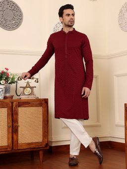 MULTI SHADES - Men Rayon Silk Straight Classic Red Chikankari Kurta