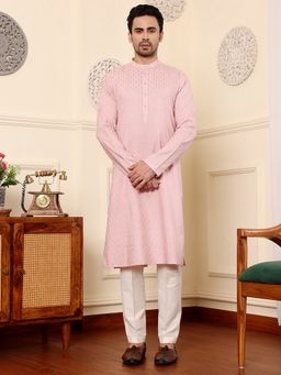 MULTI SHADES - Men Pink Straight Viscose Silk with Embroidered Kurta