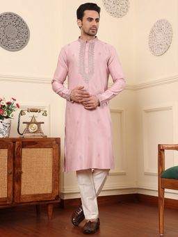 MULTI SHADES - Men Pink Straight Viscose Silk Embroidered Neckline and Motifs Kurta