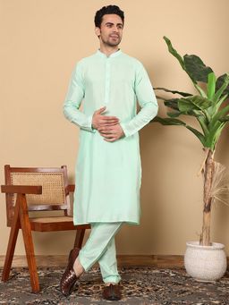MULTI SHADES - Men Sea Green Straight Viscose Silk Kurta