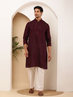 MULTI SHADES - Men Maroon Straight Viscose Silk Kurta