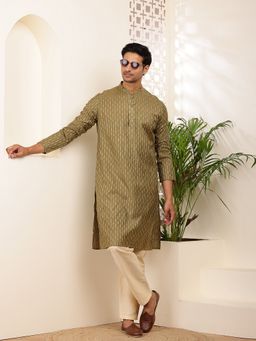 MULTI SHADES - Men Olive Cotton with Subtle Self-Texture Kurta
