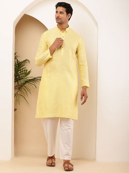 MULTI SHADES - Men Yellow Weaving Design Zari Embroidery Chanderi Silk Kurta