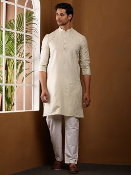 MULTI SHADES - Men Cream Cotton with Self-Woven Design Kurta