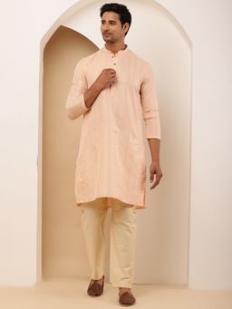 MULTI SHADES - Men Coral Peach Viscose Blend with Mandarin Collar Kurta