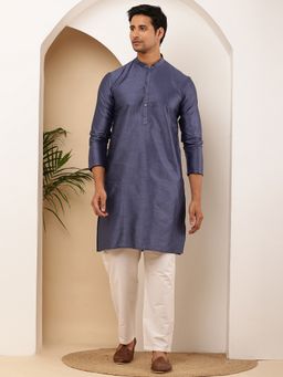 MULTI SHADES - Men Blue Viscose Blend with Textured Finish Kurta