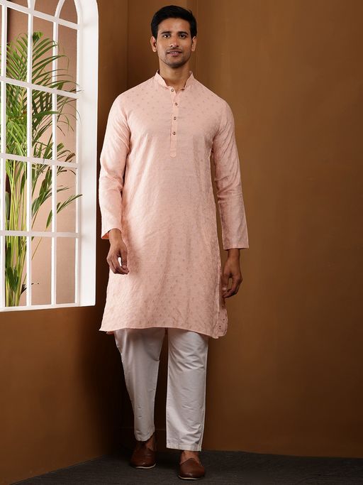 MULTI SHADES Men Salmon Peach Viscose Blend Kurta