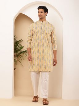 MULTI SHADES - Men Beige Cotton with All-Over Traditional Motifs Kurta