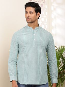MULTI SHADES - Men Green Striped Cotton Short Kurta