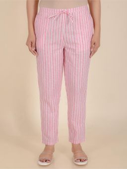 ARAMYA - Women Pink Soft Cotton Striped Pant