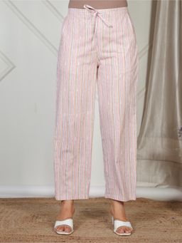 ARAMYA - Women Pink Soft Cotton Striped Pant