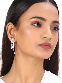 Voylla - American Diamond CZ Trendy Gold Plated Pearl Brass Drop Earrings