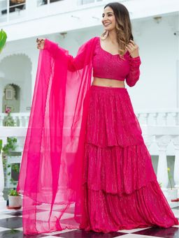 Lavanya The Label - Pink Lurex Tiered Lehenga (Set of 3)