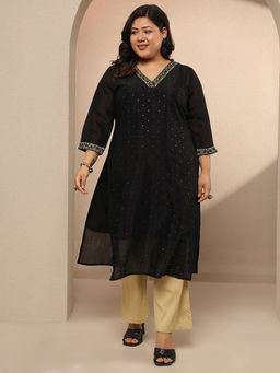 Extra love by Libas - Plus Size Women Embellished Silk Blend Straight Kurta for Women - Black