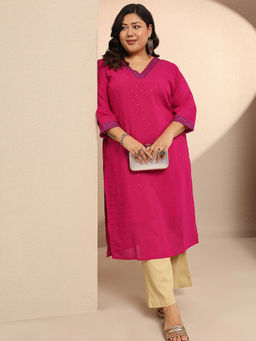 Extra love by Libas - Plus Size Women Embellished Silk Blend Straight Kurta for Women - Pink