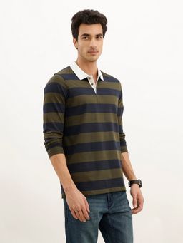 WROGN - Olive Classic Contrast Collar Full Sleeve Polo T-Shirt