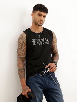 WROGN - Black Placement Printed Cut Off Sleeve T-Shirt
