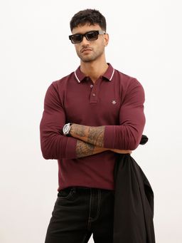 WROGN - Maroon Slim Fit Full Sleeve Tipping Collar Polo T-Shirt