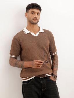 WROGN - Brown Textured Contrast Collar Polo T-Shirt